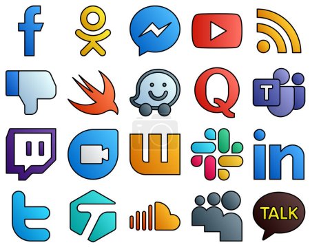 Illustration for 20 Modern icons microsoft team. quora. video. waze and facebook Filled Line Style Social Media Icon Collection - Royalty Free Image