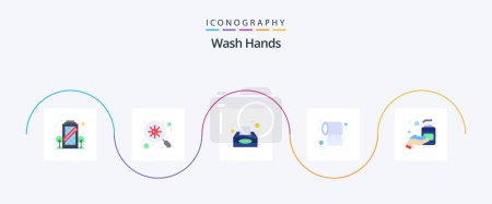 Téléchargez les illustrations : Wash Hands Flat 5 Icon Pack Including hand. care. box. tissue. paper - en licence libre de droit