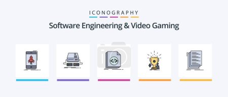 Téléchargez les illustrations : Software Engineering And Video Gaming Line Filled Pack de 5 icônes, y compris développeur. L'api. streaming. jouer. les jeux. Icônes créatives Design - en licence libre de droit