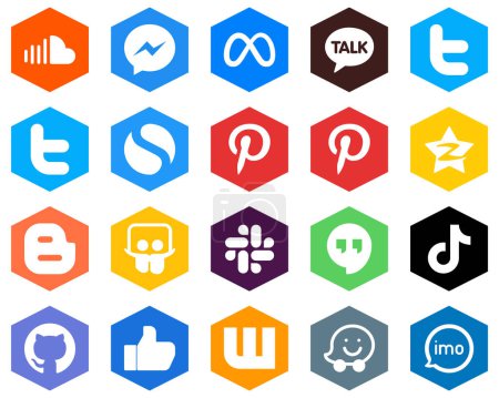 Illustration for Hexagon Flat Color White Icon Collection blog. kakao talk. tencent and pinterest 20 Editable Icons - Royalty Free Image