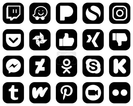 Ilustración de 20 Iconos de medios sociales blancos creativos sobre fondo negro, como deviantart. facebook. google foto. mensajero y los iconos de aversión. Totalmente editable y versátil - Imagen libre de derechos