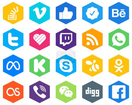 Ilustración de 20 Minimalistic White Icons meta. feed. twitter verified badge. rss and likee Hexagon Flat Color Backgrounds - Imagen libre de derechos