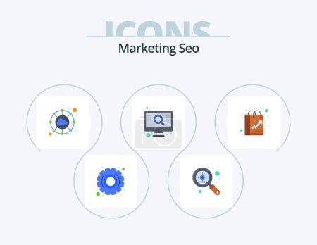 Téléchargez les illustrations : Marketing Seo Flat Icon Pack 5 Icon Design. le commerce électronique. Sac. nuage. écran. optimisation - en licence libre de droit