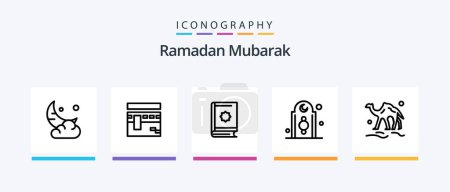 Téléchargez les illustrations : Ramadan Line 5 Icône Pack Y compris désert. Arabe. Priez. chameau. islam. Icônes créatives Design - en licence libre de droit
