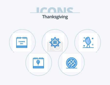 Téléchargez les illustrations : Thanksgiving Blue Icon Pack 5 Icon Design. sunflower. flora. pie. thanksgiving. holiday - en licence libre de droit