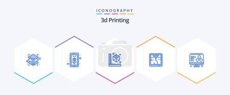 Téléchargez les illustrations : 3d Printing 25 Blue icon pack including printing. hock. 3d. printer. printer - en licence libre de droit