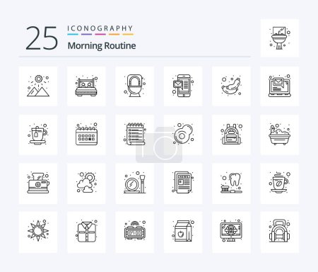 Illustration for Morning Routine 25 Line icon pack including meat. mobile. sleep. massage. toilet - Royalty Free Image
