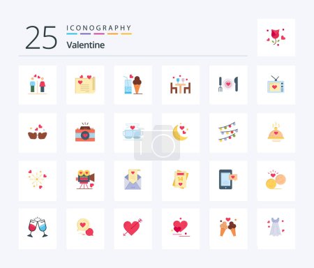 Téléchargez les illustrations : Valentine 25 Flat Color icon pack including food. day. love. valentines. love - en licence libre de droit