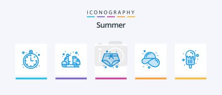 Téléchargez les illustrations : Pack de 5 icônes Summer Blue comprenant de la crème glacée. l'été. short. chapeau de paille. mode. Icônes créatives Design - en licence libre de droit