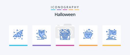Téléchargez les illustrations : Pack de 5 icônes bleu Halloween Drapeau inclus. halloween. castle. chaudron. La maison. Icônes créatives Design - en licence libre de droit