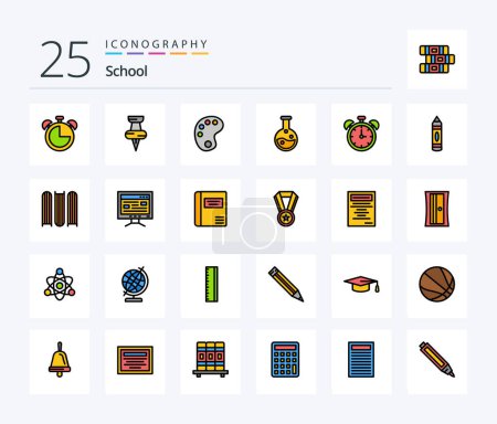 Ilustración de Escuela 25 Línea Relleno icono paquete incluyendo dibujo. educación. educación. Reloj. laboratorio - Imagen libre de derechos