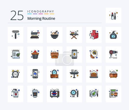 Téléchargez les illustrations : Morning Routine 25 Line Filled icon pack including socks. dots. cereals. ironing tools. ironing board - en licence libre de droit