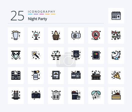 Téléchargez les illustrations : Night Party 25 Line Pack d'icônes rempli comprenant la nuit. billet. Bonne nuit. fête. Gâteau - en licence libre de droit