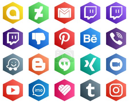Illustration for Hexagon Flat Color White Icon Collection such as xing. blog. pinterest and blogger icons. 25 Simple Icons - Royalty Free Image