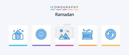 Téléchargez les illustrations : Pack de 5 icônes bleu ramadan incluant le jeûne. festival. horloge murale. célébration. egypte. Icônes créatives Design - en licence libre de droit