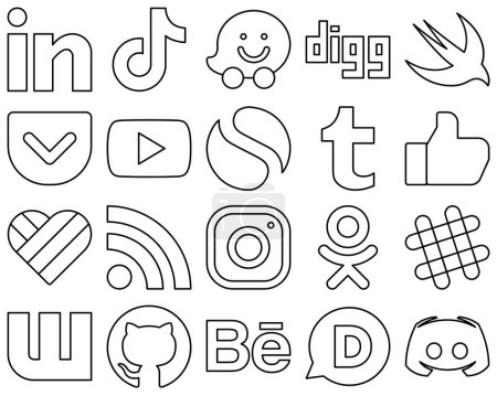 Illustration for 20 Modern Black Outline Social Media Icon Set such as likee. like. digg. tumblr and video icons. Customizable and unique - Royalty Free Image