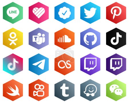 Illustration for 25 Minimalistic White Icons such as video. douyin and github icons. Hexagon Flat Color Backgrounds - Royalty Free Image