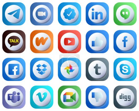 Illustration for 20 Cute 3D Gradient Simple Social Media Icons such as facebook. video. linkedin. youtube and wattpad icons. Editable and High-Resolution - Royalty Free Image