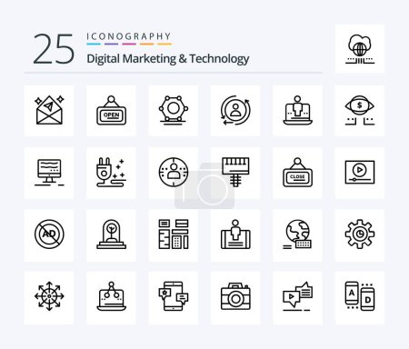 Illustration for Digital Marketing And Technology 25 Line icon pack including technology. digital. digital. computer. marketing - Royalty Free Image
