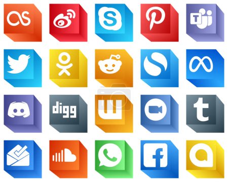 Ilustración de Iconos de marca de redes sociales 3D para publicidad Paquete de 20 iconos, como discordia. meta. Equipo de Microsoft. iconos simples y odnoklassniki. Moderno y profesional - Imagen libre de derechos