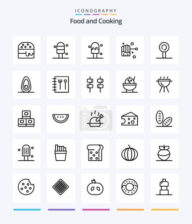 Téléchargez les illustrations : Creative Food 25 OutLine icône paquet tel que le riz. Gentil. Un avocat. guimauve. recette - en licence libre de droit