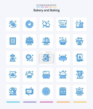 Téléchargez les illustrations : Cuisson créative 25 Emballage d'icônes bleues comme le pain. boulangerie. cuisiner. Au restaurant. chapeau de chef - en licence libre de droit