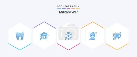 Téléchargez les illustrations : Pack d'icônes Military War 25 Blue avec badge. bouteille. viser. l'eau. armée - en licence libre de droit