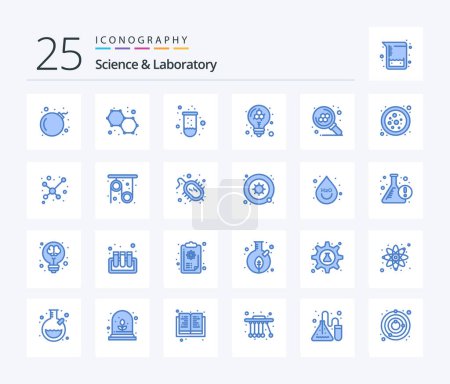 Ilustración de Science 25 Blue Color icon pack including search. molecule. test tube. atom. model - Imagen libre de derechos