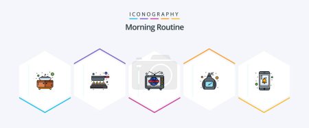 Illustration for Morning Routine 25 FilledLine icon pack including . notification. television. mobile. perfume - Royalty Free Image