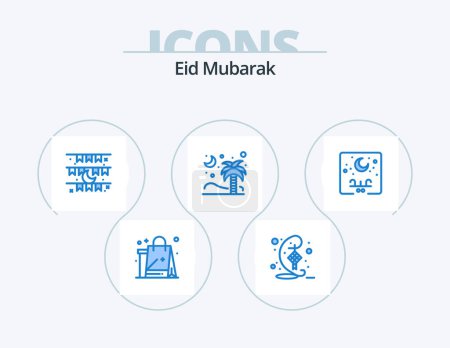 Ilustración de Eid Mubarak Blue Icon Pack 5 Icon Design. islamic. tree. hari raya. palm. decoration - Imagen libre de derechos