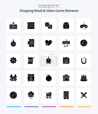 Ilustración de Creative Shoping Retail And Video Game Elements 25 Glyph Solid Black icon pack  Such As gamepad. wireless. dice. joystick. alien - Imagen libre de derechos
