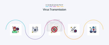 Ilustración de La línea de transmisión de virus llenó el paquete plano 5 del icono incluyendo la emergencia. vacuna. bacterias. Siring. coronavirus - Imagen libre de derechos