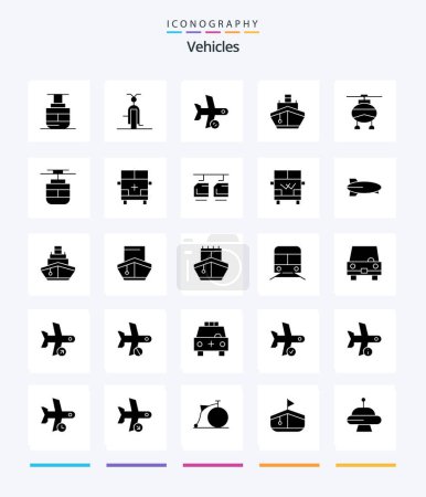 Téléchargez les illustrations : Creative Vehicles 25 Glyph Solid Black icon pack  Such As transportation. ship. vehicles. filled. transport - en licence libre de droit