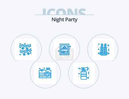 Téléchargez les illustrations : Night Party Blue Icon Pack 5 Icon Design. bougies. gâteau. arc. Bonne nuit. cadeau - en licence libre de droit