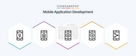 Illustration for Mobile Application Development 25 Line icon pack including dollar. mobile. mobile application. application. down - Royalty Free Image