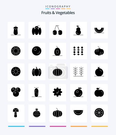 Téléchargez les illustrations : Creative Fruits & Vegetables 25 Glyph Solid Black icon pack  Such As fruit. berry. vegetables. pear. food - en licence libre de droit