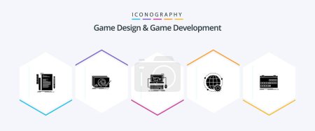 Ilustración de Diseño de juegos y desarrollo de juegos 25 Paquete de iconos de glifos, incluido el mundo. conectado. Completar. juego. tienda - Imagen libre de derechos