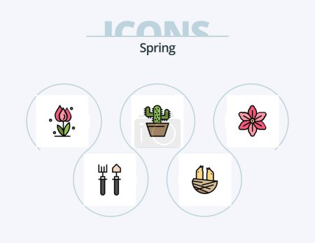 Téléchargez les illustrations : Ligne de printemps rempli Icône Pack 5 Icône Design. oeuf. printemps. barrow. jardinage. clôture - en licence libre de droit