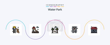 Téléchargez les illustrations : Water Park Line Rempli plat Pack de 5 icônes inclus. Au parc. Au parc. stand de nourriture. parc - en licence libre de droit