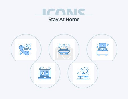 Téléchargez les illustrations : Stay At Home Blue Icon Pack 5 Icon Design. stay. home. chat. food. support - en licence libre de droit