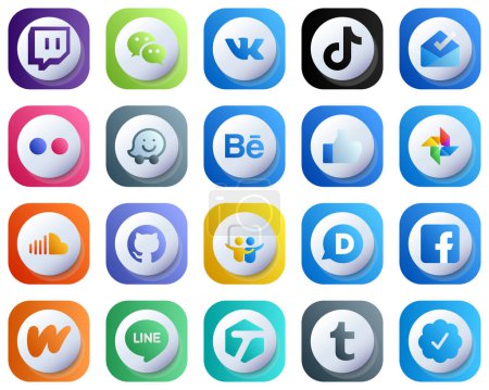 Ilustración de Cute 3D Gradient Social Media Brand Iconos paquete de 20 como soundcloud. facebook. como y waze iconos. Alta Definición y Profesional - Imagen libre de derechos