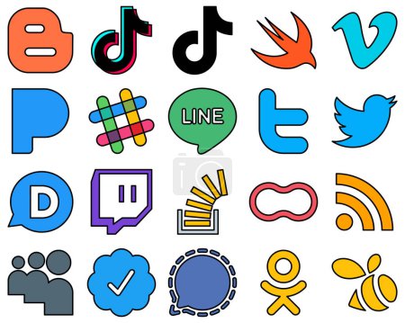 Illustration for 20 Unique Line Filled Social Media Icons such as stockoverflow. disqus. vimeo. tweet and line Fully editable and high-quality - Royalty Free Image