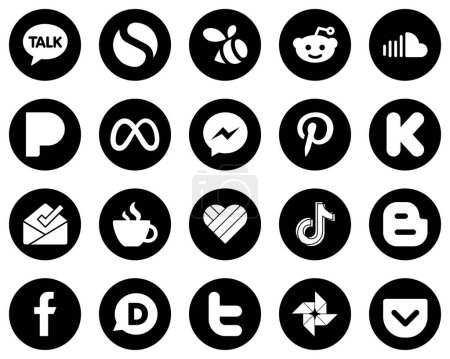 Illustration for 20 Stylish White Social Media Icons on Black Background such as caffeine. funding. meta. kickstarter and fb icons. Modern and high-quality - Royalty Free Image