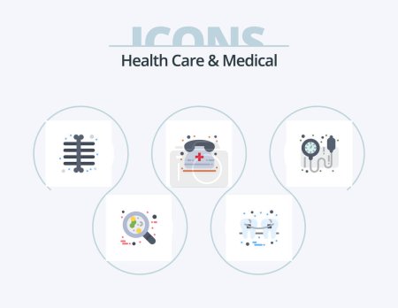 Ilustración de Health Care And Medical Flat Icon Pack 5 Icon Design. blood pressure operator. medical call. tooth. calling. skeleton xray - Imagen libre de derechos