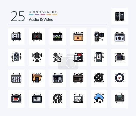 Ilustración de Audio And Video 25 Line Filled icon pack including camera. play. play. video. media - Imagen libre de derechos