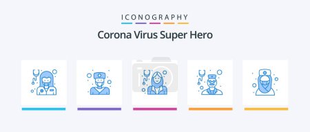 Ilustración de Corona Virus Super Hero Blue 5 Icon Pack Incluyendo chica. estetoscopio. Mujer. Médico. atención médica. Diseño de iconos creativos - Imagen libre de derechos