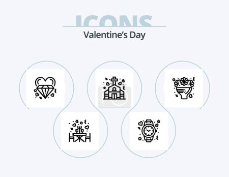 Téléchargez les illustrations : Valentines Day Line Icon Pack 5 Icon Design. champagne. billet. texte. passeport. anneaux - en licence libre de droit