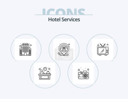 Téléchargez les illustrations : Services de l'hôtel Line Icon Pack 5 Icon Design. bureau. bagages. occupé. service hôtelier. cintre - en licence libre de droit