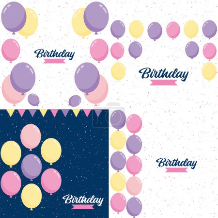 Ilustración de Happy Birthday text with a realistic balloon and vector illustration of a celebration balloon with a colorful flag background includes anniversary birthday light bokeh and glitter - Imagen libre de derechos