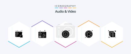 Ilustración de Audio y vídeo 25 Paquete de iconos de glifos incluyendo multimedia. obturador. Juega. lente. vídeo - Imagen libre de derechos